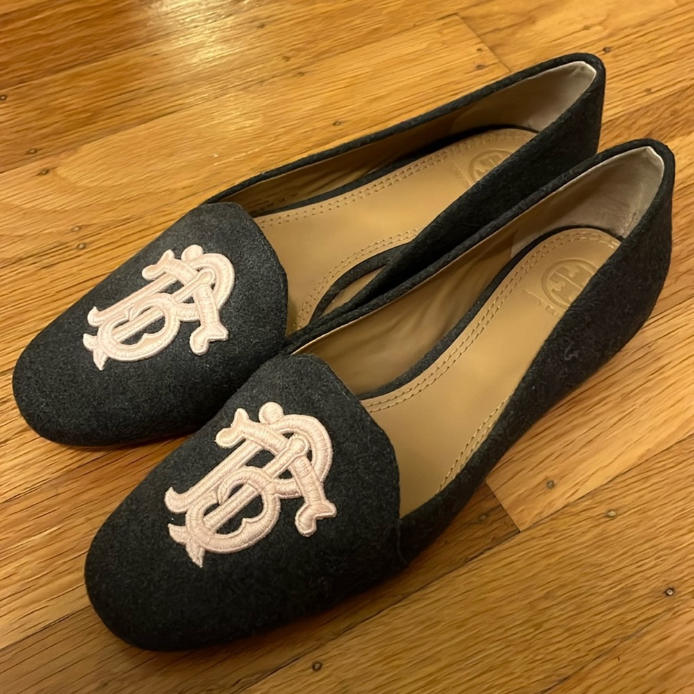 NEW TORY BURCH Antonia Wool Flats Monogram Loafer Ballet Shoes Gray Pink Size 7